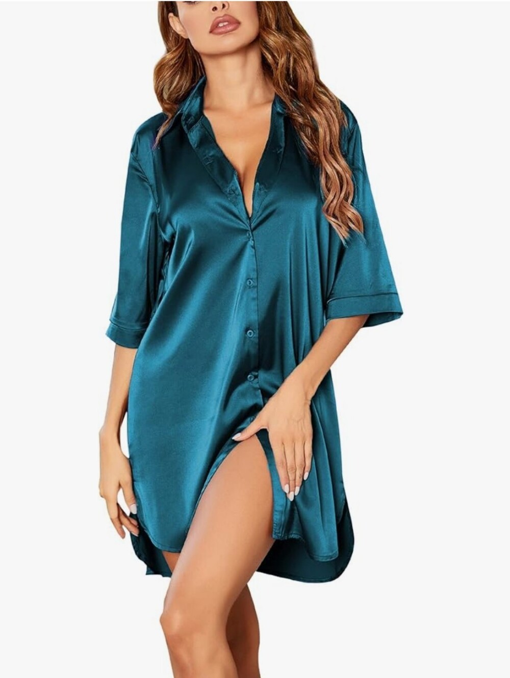 Ekouaer Women's Satin Nightshirt Button Down Sleepshirt Silk 3/4 Sleeve size M